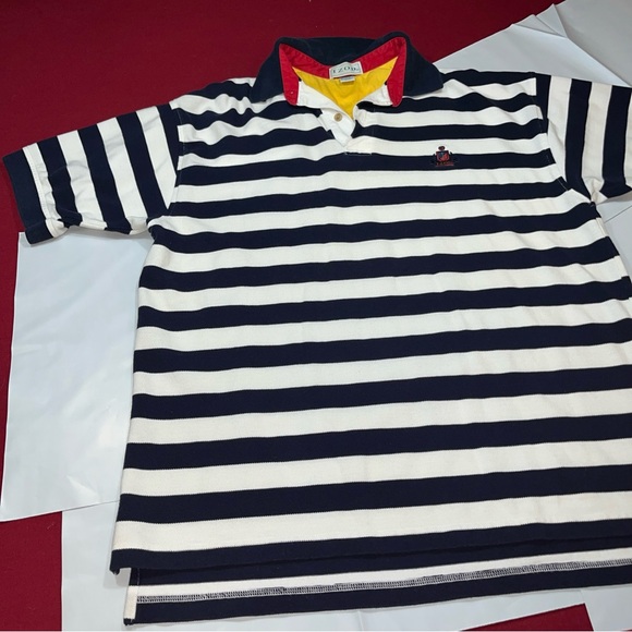 Izod 90s Blue White Striped Knit polo shirt Red Blue Crest Logo Mens Lrg Preppy - Picture 12 of 12